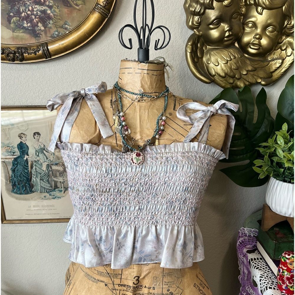 Revolve Likely Purple Smock Floral Ruffle Crop Tie Bow Straps Blouse XS Coquette